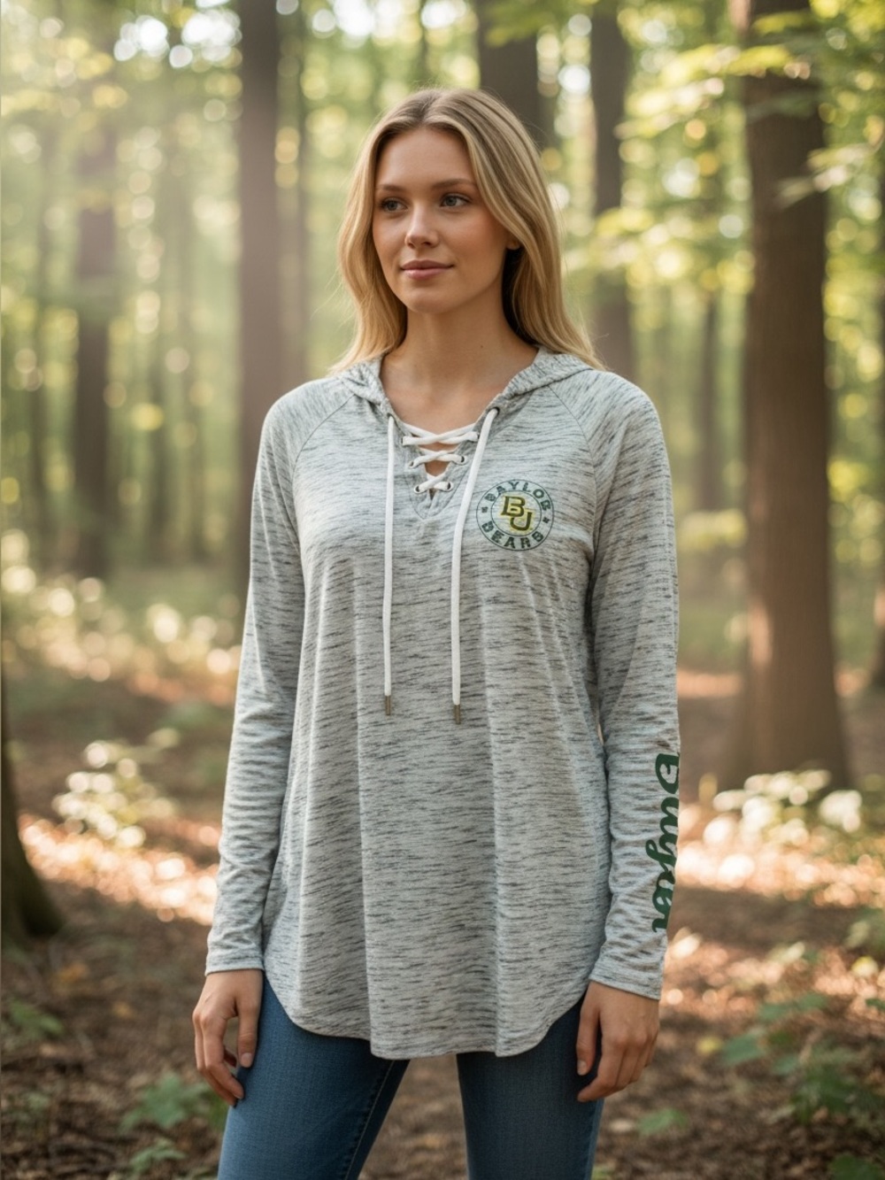 Pressbox Women’s Baylor Bears Space Dye Lace-Up V-Neck Long Sleeve Tee NWT